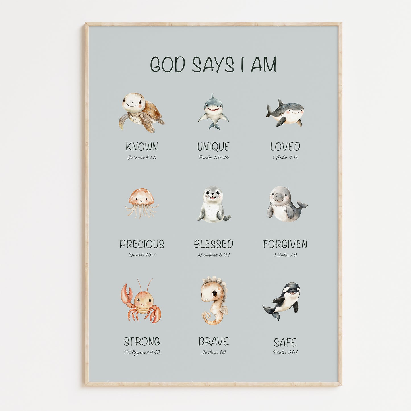 Poster with illustrations of ocean animals and corresponding children Bible verses on a light gray background