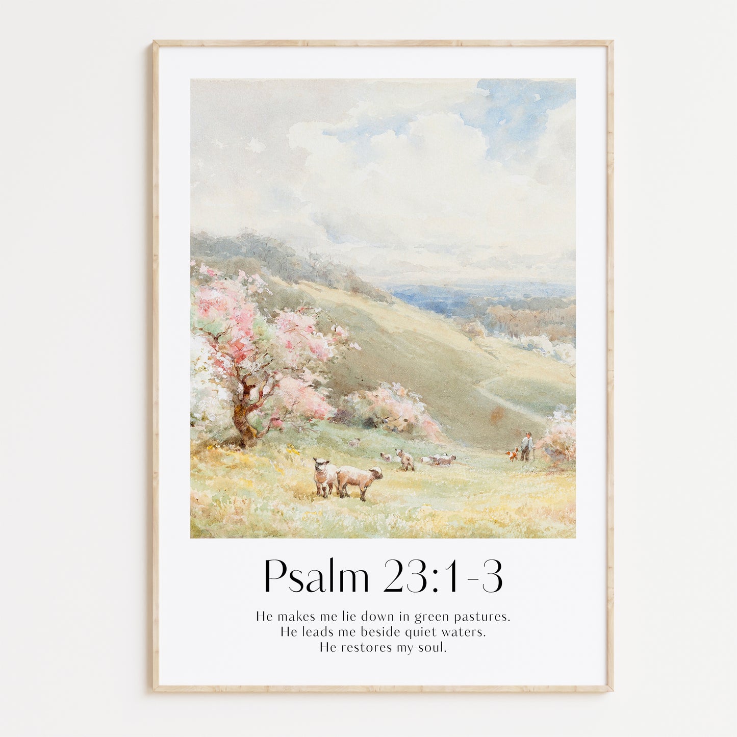 A framed Christian Print with sheep landscape and the bible verse Psalm 23