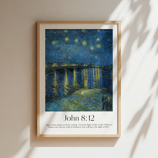 A framed Christian Print hanging on the wall with a vintage landscape by Van Gogh and the bible verse John 8:12