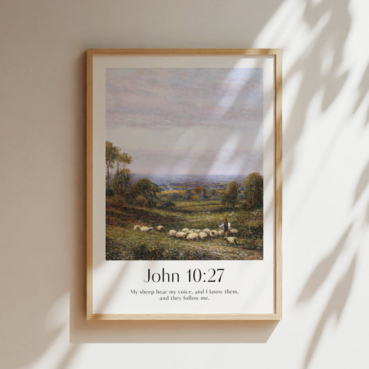A framed Christian Print for Easter hanging on the wall with a vintage landscape and the bible verse John 10-27 My sheep hear my voice