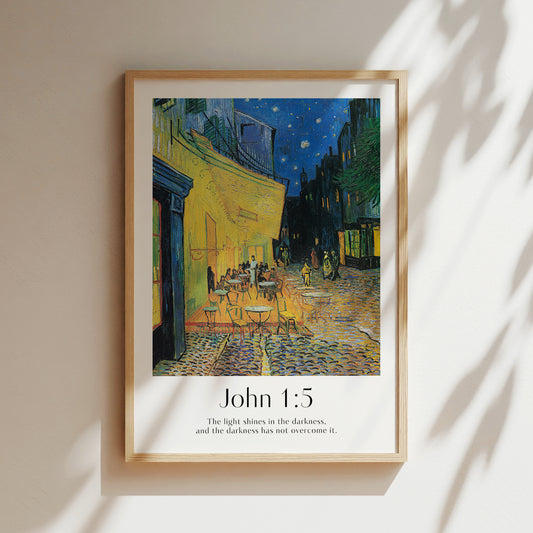 A framed Christian Print hanging on the wall with a vintage landscape by Van Gogh and the bible verse John 8:12