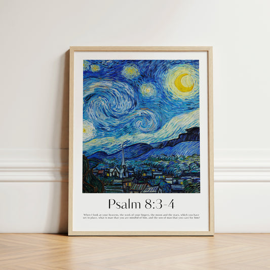A large framed Christian Print with a vintage landscape by Van Gogh and the bible verse Psalm 8:34