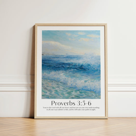A large custom Christian Print with a beautiful seascape and the verse from Proverbs 3:5-6