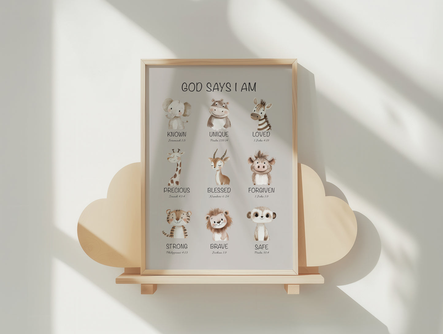 Framed Christian children's poster with illustrations of animals and bible affirmations on a wooden stand.