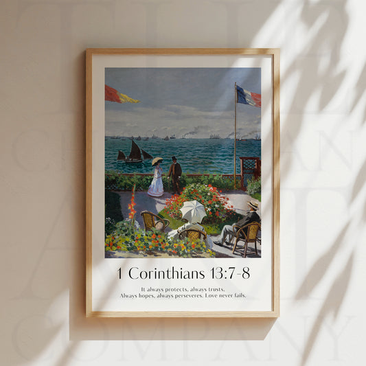 Vintage-style framed wall art showcasing a Monet painting of a landscape with the Love Never Fails bible verse for Christian Home Decor