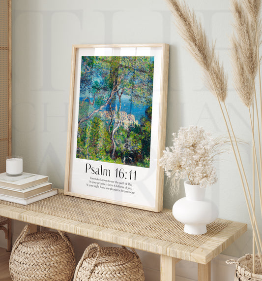 Vintage-style framed wall art showcasing a Monet painting of a landscape with the Isaiah bible verse for Christian Home Decor