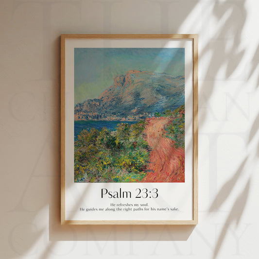 Vintage-style framed wall art showcasing a Monet painting of a landscape with the Isaiah bible verse for Christian Home Decor