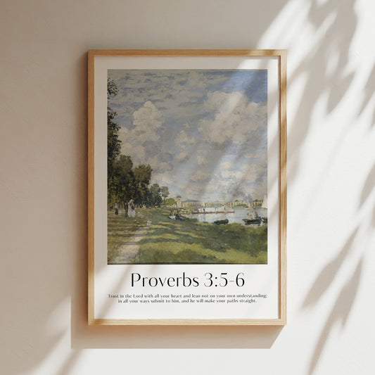 Vintage-style framed wall art showcasing a Monet painting of a landscape with the Trust In The Lord bible verse for Christian Home Decor