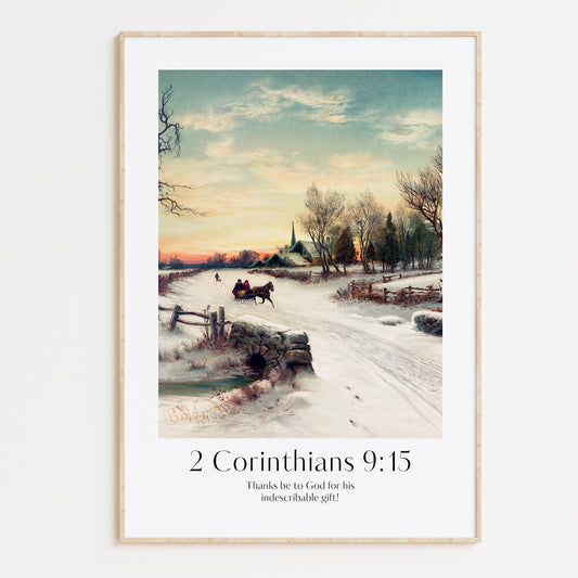 Vintage Artwork and ModernChristian Christmas Framed Print with people ice-skating and the bible verse from 2 Corinthians 9:15: "Thanks be to God for his indescribable gift!"