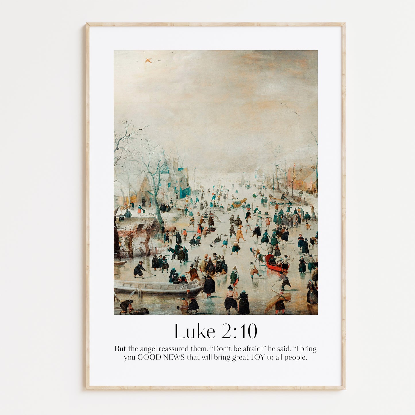 Vintage Christian Christmas Framed Print with people ice-skating and the bible verse from luke 2:10: But the angel reassured them. 'Don't be afraid!' he said. 'I bring you Good News that will bring great Joy to all people.