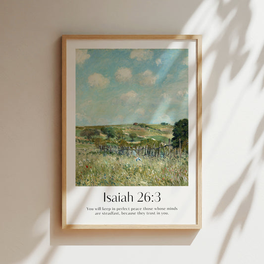 Framed Christian wall art print featuring a vintage-style illustration of a peaceful countryside landscape. The artwork is paired with the comforting Bible verse from Isaiah 26:3: "You will keep in perfect peace those whose minds are steadfast, because they trust in you." This piece combines natural beauty with spiritual reflection, making it a serene addition to any home or prayer space.