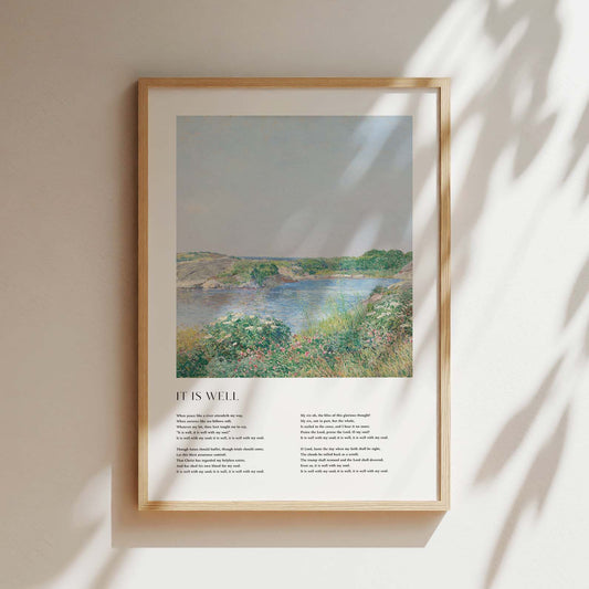 Framed Christian wall art print featuring a serene riverside landscape in a vintage style. The artwork is paired with the lyrics of the hymn "It Is Well," offering words of peace and comfort. This piece combines tranquil scenery with spiritual reflection, making it a beautiful addition to any home or prayer space.