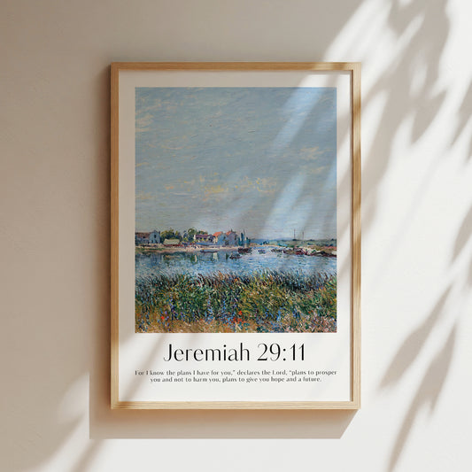Framed Christian wall art print featuring a vintage-style landscape inspired by Alfred Sisley. The artwork shows a peaceful riverside village scene, paired with the Bible verse Jeremiah 29:11: "For I know the plans I have for you," declares the Lord, "plans to prosper you and not to harm you, plans to give you hope and a future." This piece combines serene imagery with a message of hope and faith, making it perfect for home decor or a prayer space.