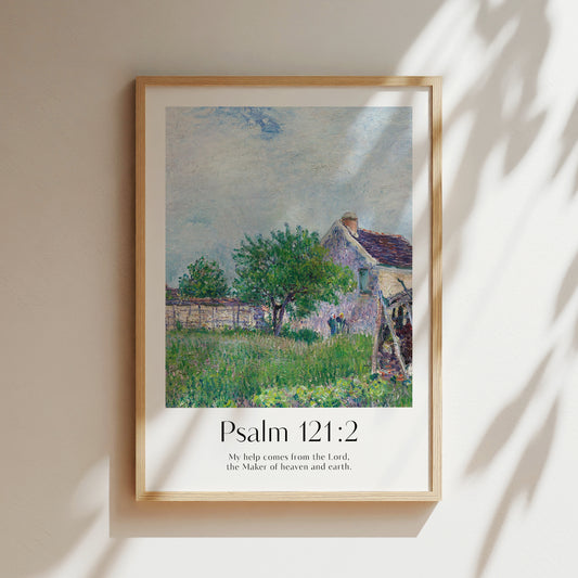 Framed Christian wall art print featuring a vintage-style illustration of a serene countryside home and garden scene. The artwork is paired with the Bible verse Psalm 121:2: "My help comes from the Lord, the Maker of heaven and earth." This piece combines peaceful imagery with spiritual reflection, perfect for any home or prayer space.