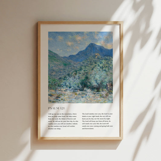 Framed Christian wall art print featuring a serene mountain landscape in a vintage style. The artwork displays a peaceful mountain scene under a bright sky, paired with the full text of Psalm 121. This piece combines the beauty of nature with spiritual reflection, making it an uplifting addition to any home or prayer space.