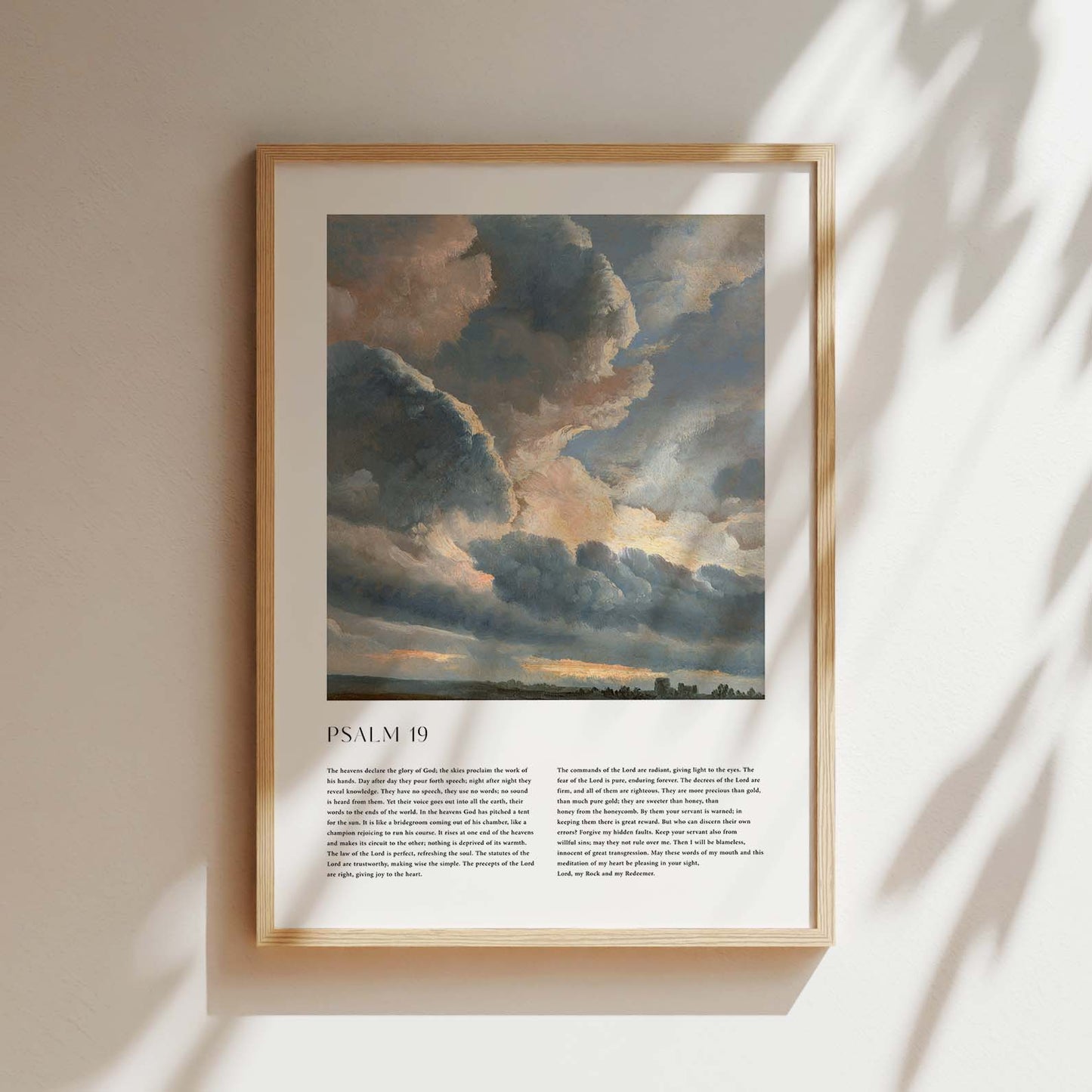 Framed Christian wall art print featuring a dramatic sky landscape in a vintage style. The artwork displays towering, illuminated clouds over a serene horizon, paired with the full text of Psalm 19. This piece combines the majesty of the natural world with spiritual reflection, making it an inspiring addition to any home or place of worship.