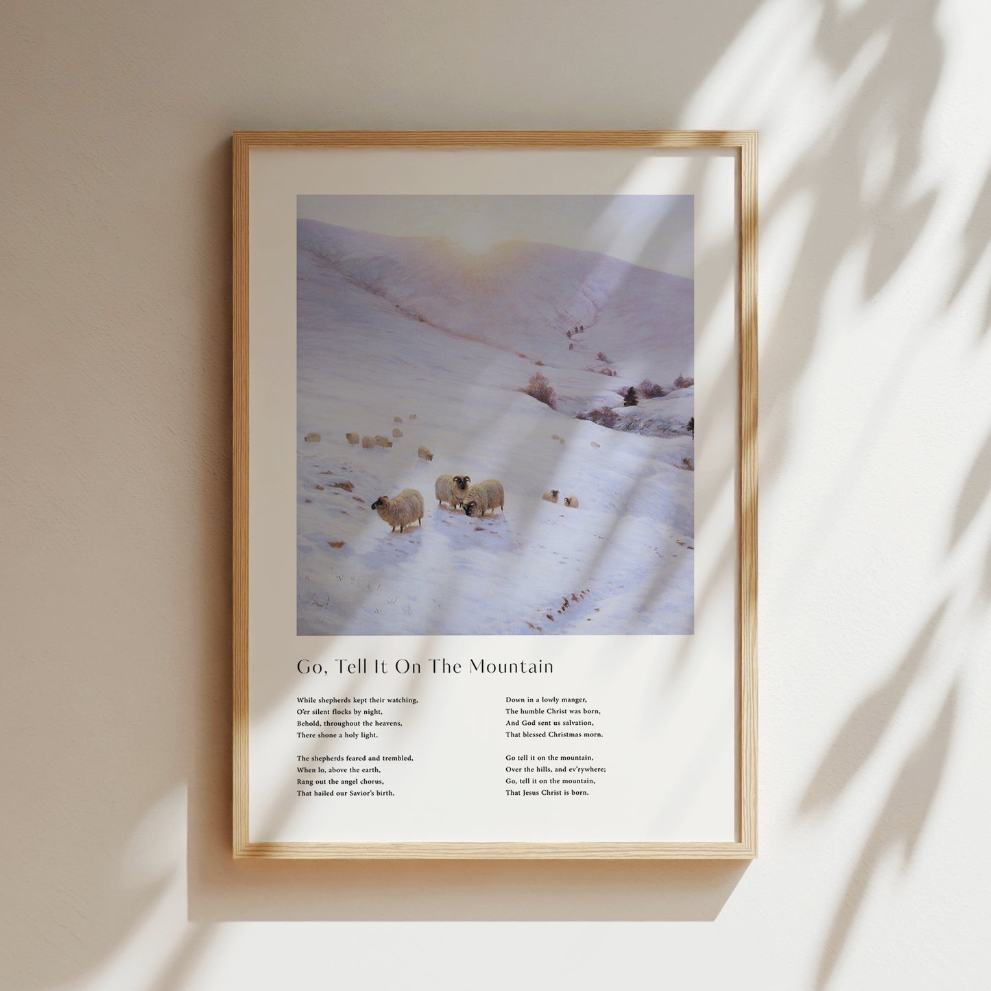 Vintage christmas carol 'Go Tell It On The Mountain' framed print for Christian Christmas Home decor.