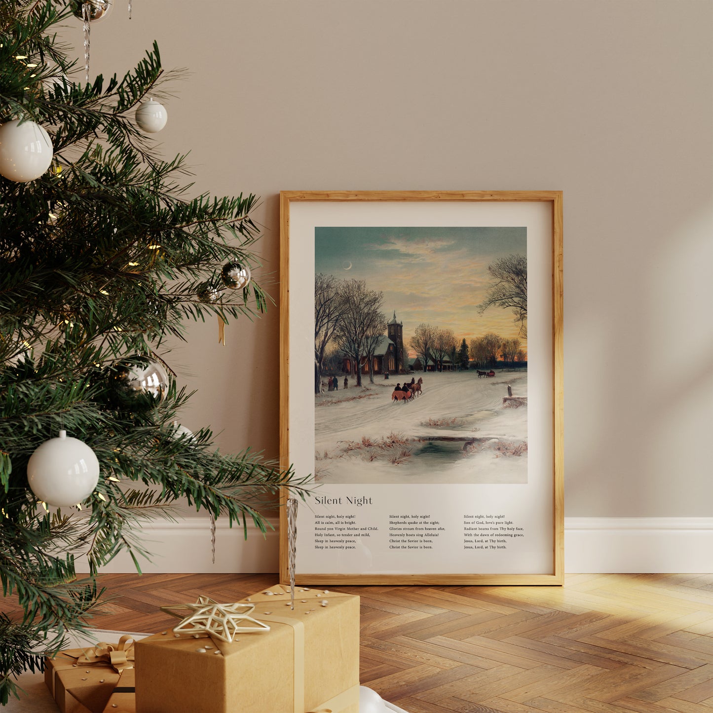 Vintage christmas carol 'Silent Night' framed print for Christian Christmas Home decor.