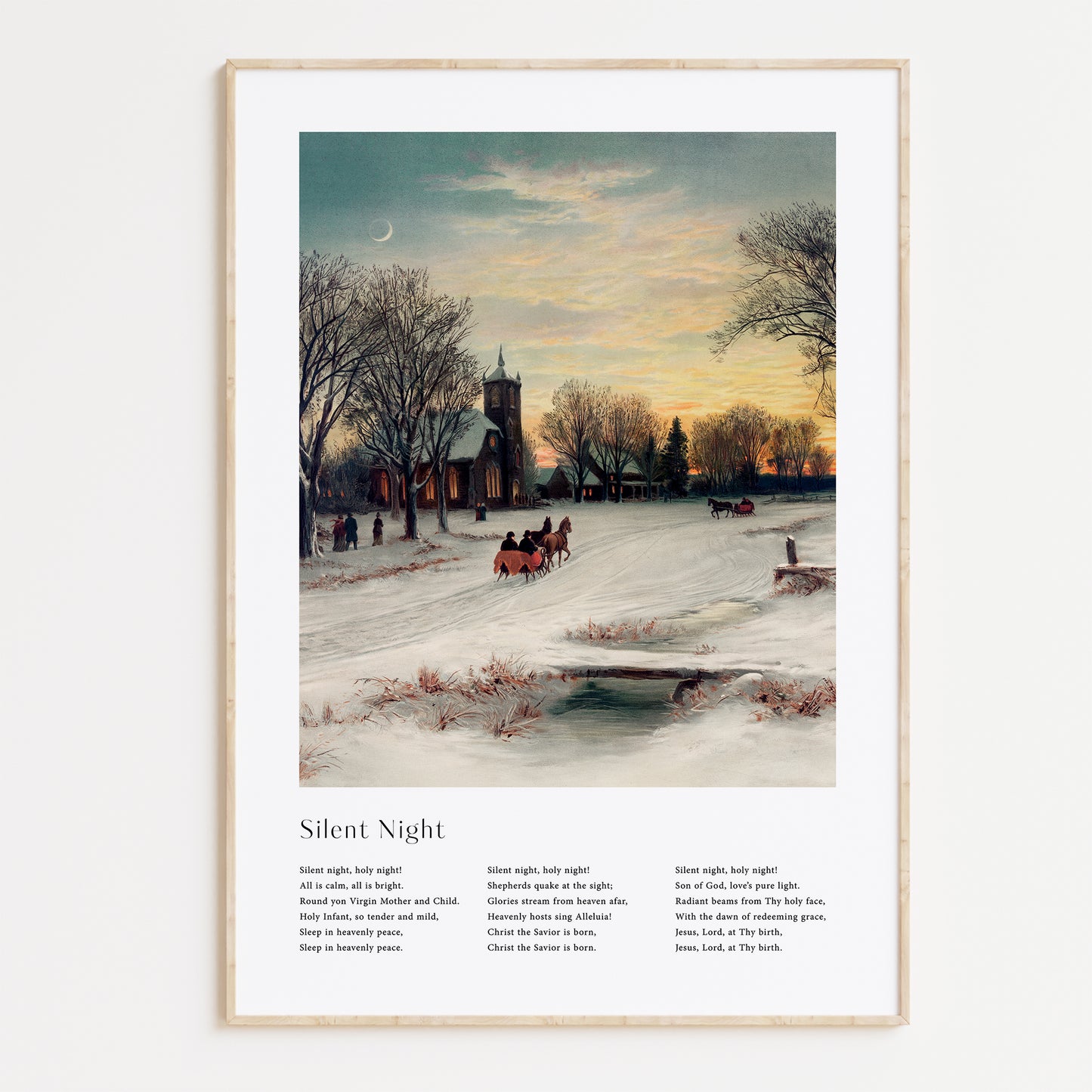 Vintage christmas carol 'Silent Night' framed print for Christian Christmas Home decor.