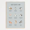 Poster with illustrations of ocean animals and corresponding children Bible verses on a light gray background