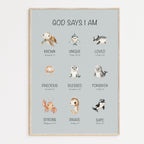 Poster with illustrations of ocean animals and corresponding children Bible verses on a light gray background