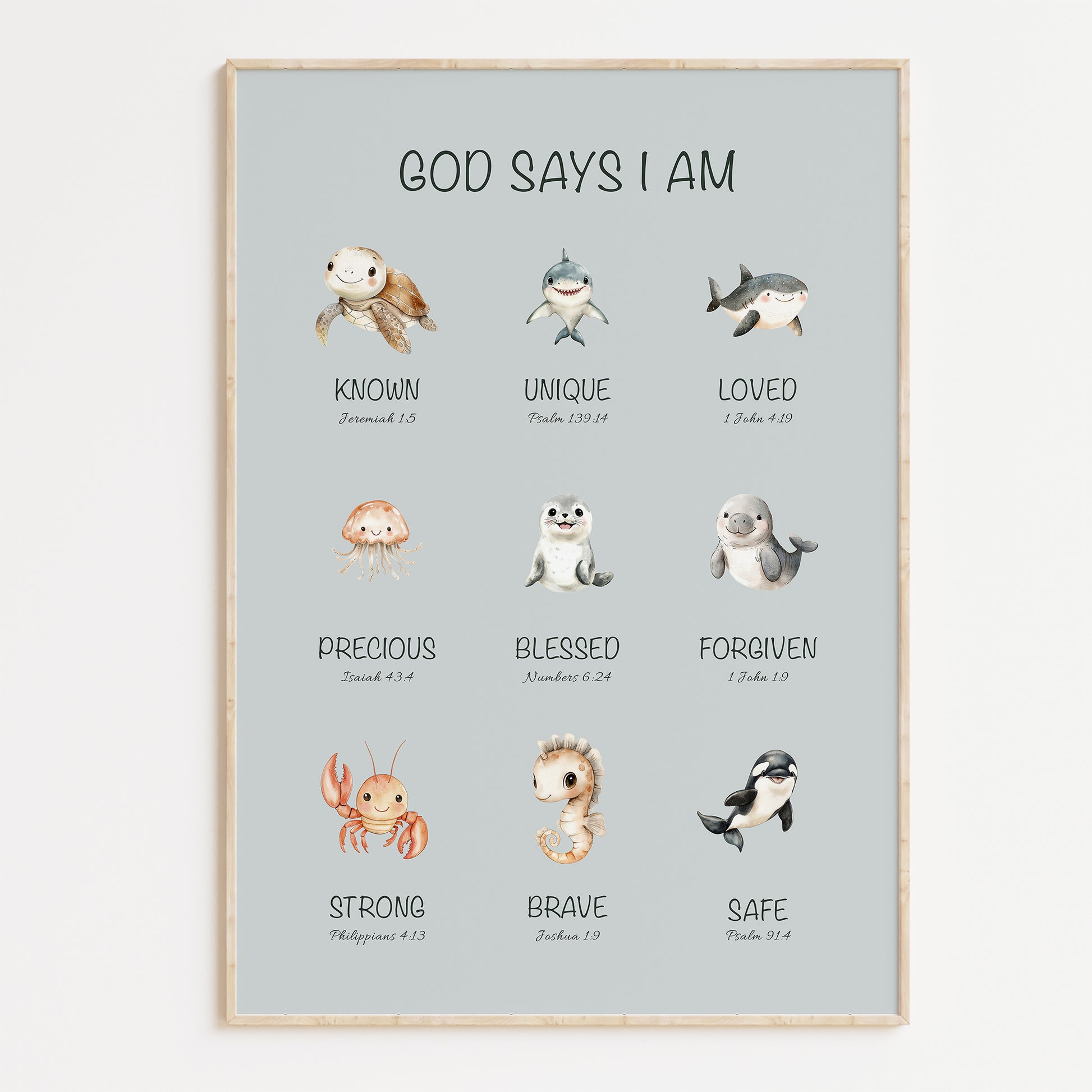 Poster with illustrations of ocean animals and corresponding children Bible verses on a light gray background