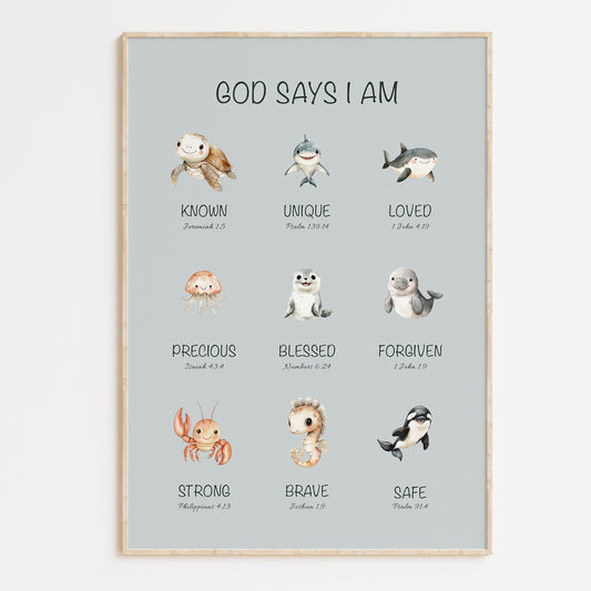 Poster with illustrations of ocean animals and corresponding children Bible verses on a light gray background