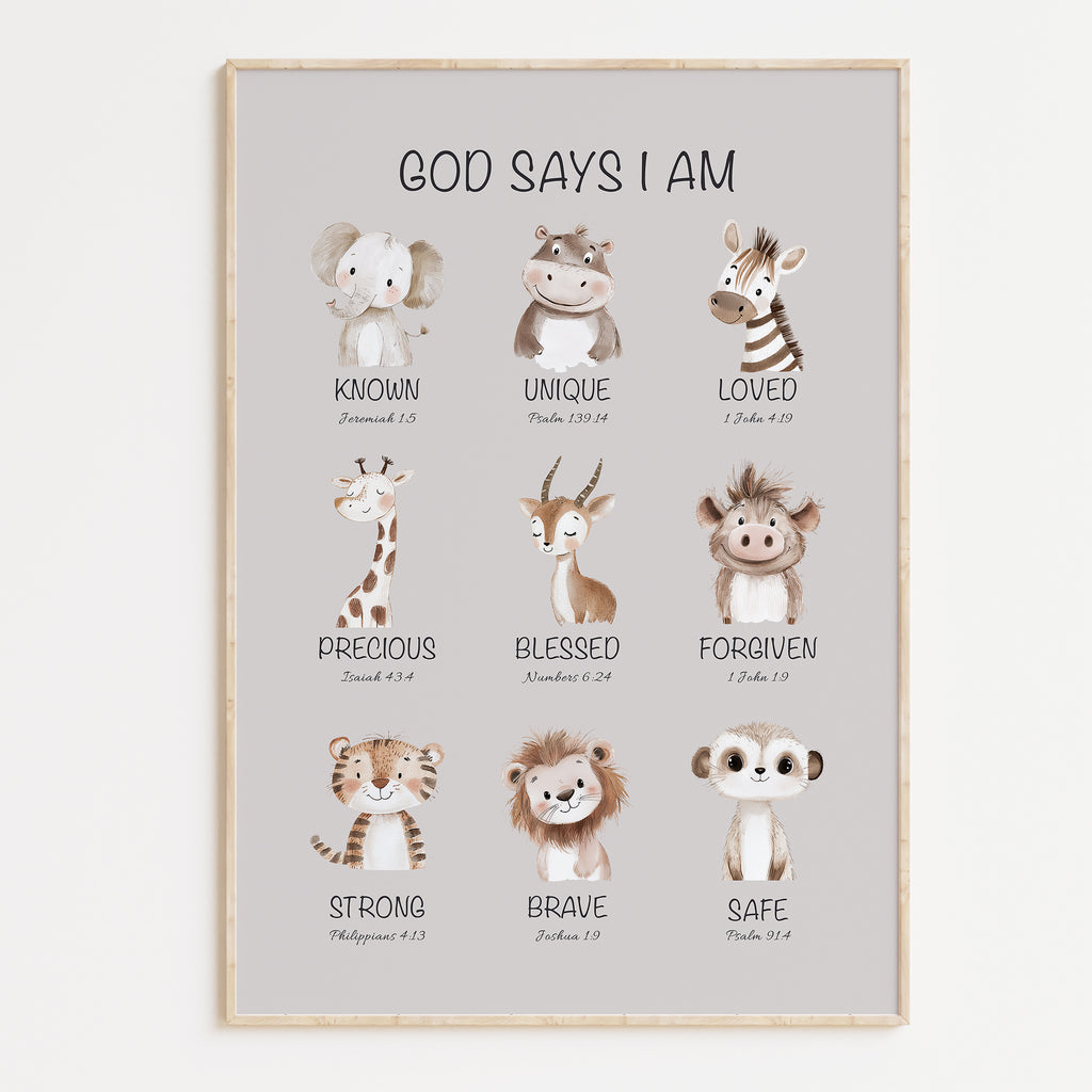 Poster with illustrations of safari animals and biblical affirmation phrases on a light gray background for children or nursery