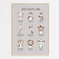 Poster with illustrations of safari animals and biblical affirmation phrases on a light gray background for children or nursery