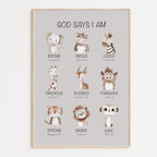 Poster with illustrations of safari animals and biblical affirmation phrases on a light gray background for children or nursery