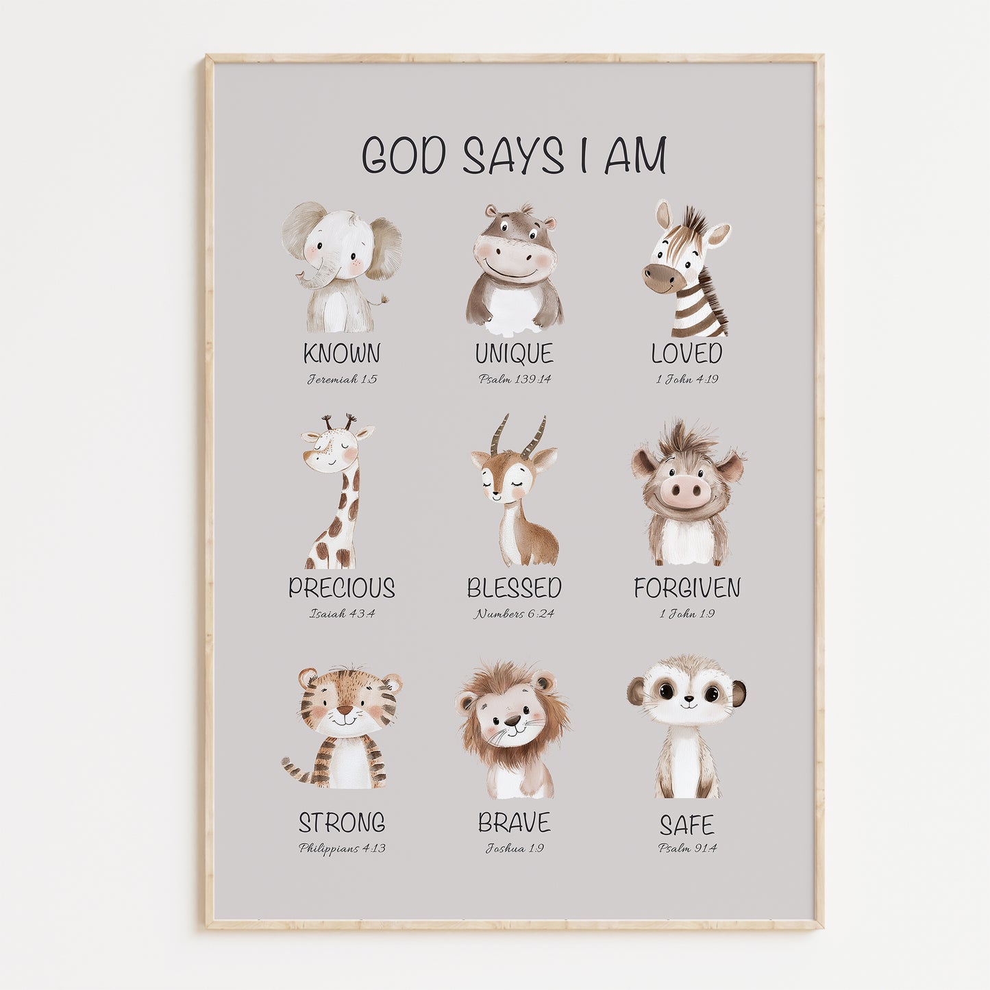 Poster with illustrations of safari animals and biblical affirmation phrases on a light gray background for children or nursery