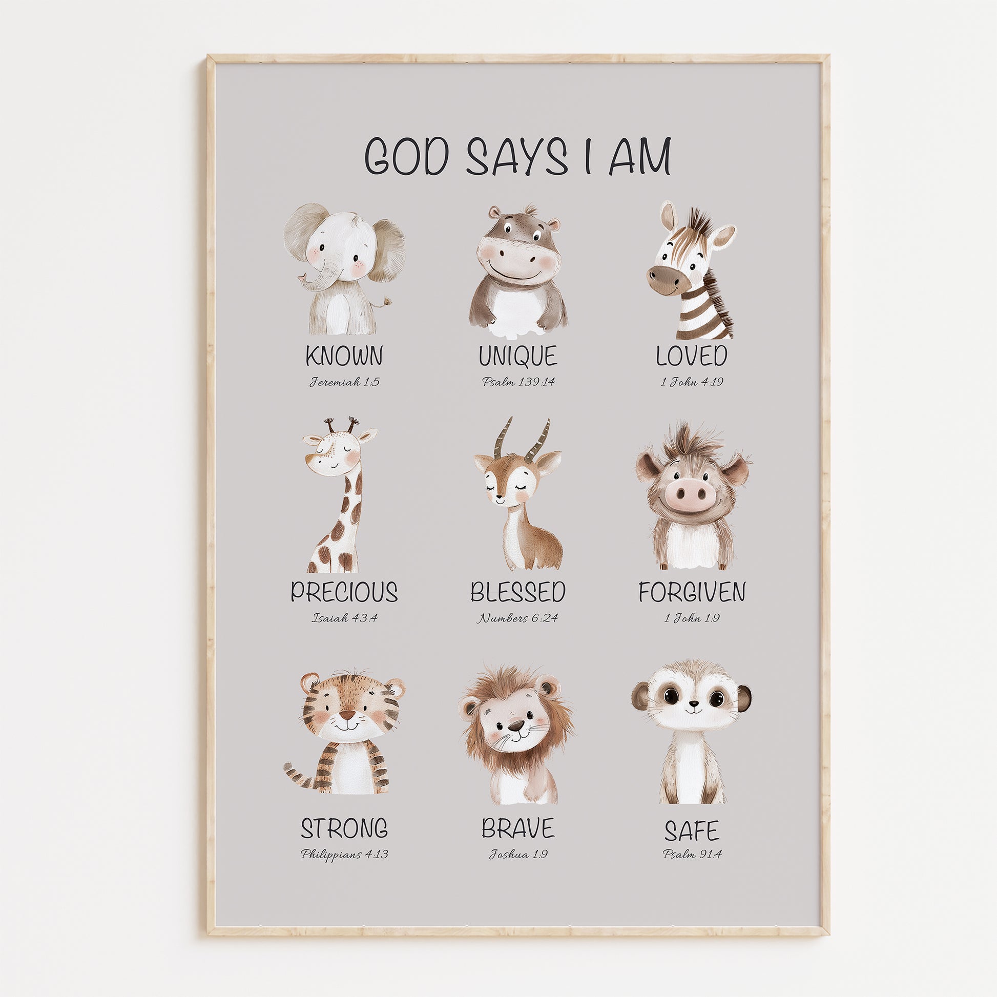 Poster with illustrations of safari animals and biblical affirmation phrases on a light gray background for children or nursery