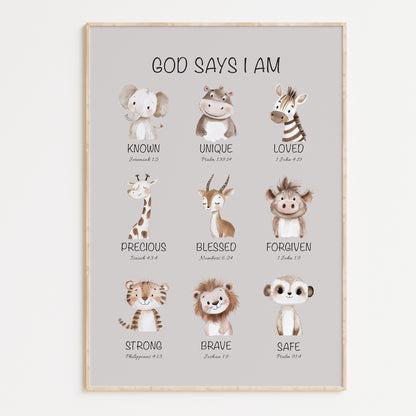 Poster with illustrations of safari animals and biblical affirmation phrases on a light gray background for children or nursery
