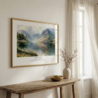 Framed scripture wall art with Psalm 46:10 and a peaceful mountain landscape, styled above a rustic wooden bench.
