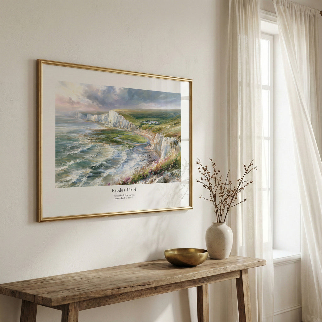 Framed scripture wall art with Exodus 14:14 and a dramatic coastal landscape, displayed above a rustic wooden bench.