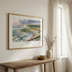 Framed scripture wall art with Exodus 14:14 and a dramatic coastal landscape, displayed above a rustic wooden bench.