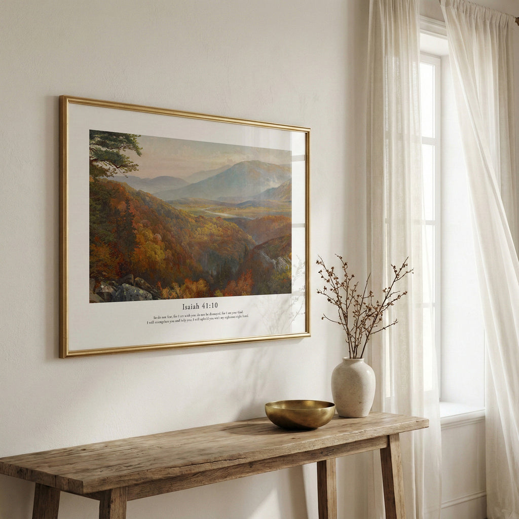 Framed scripture wall art with Isaiah 41:10 and an autumn mountain landscape, displayed above a rustic wooden bench.