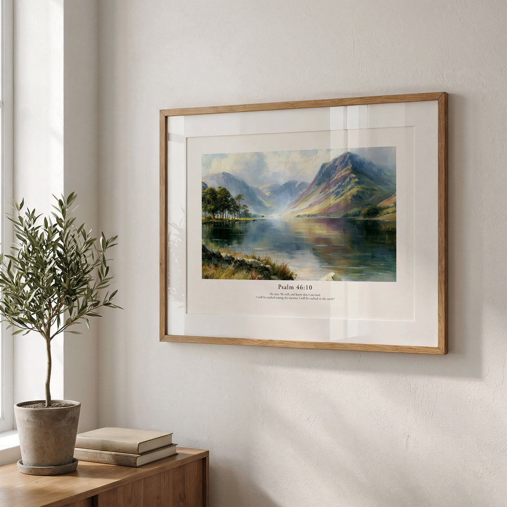 Christian wall art featuring Psalm 46:10 and a tranquil lake landscape, framed beside natural greenery.