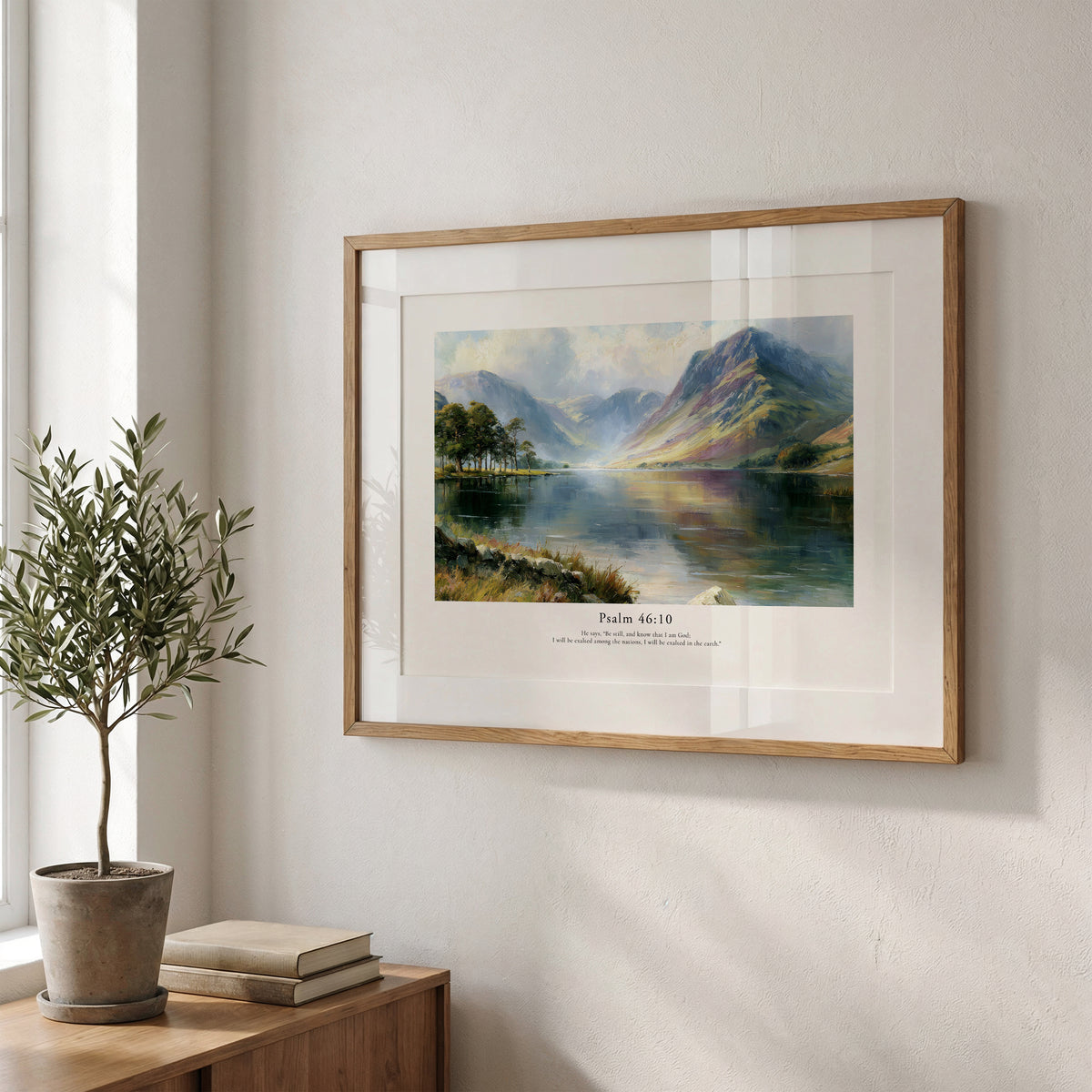Christian wall art featuring Psalm 46:10 and a tranquil lake landscape, framed beside natural greenery.