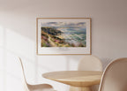 Christian wall art featuring Hebrews 10:23 and a dramatic seaside landscape, styled in a minimalist neutral interior.