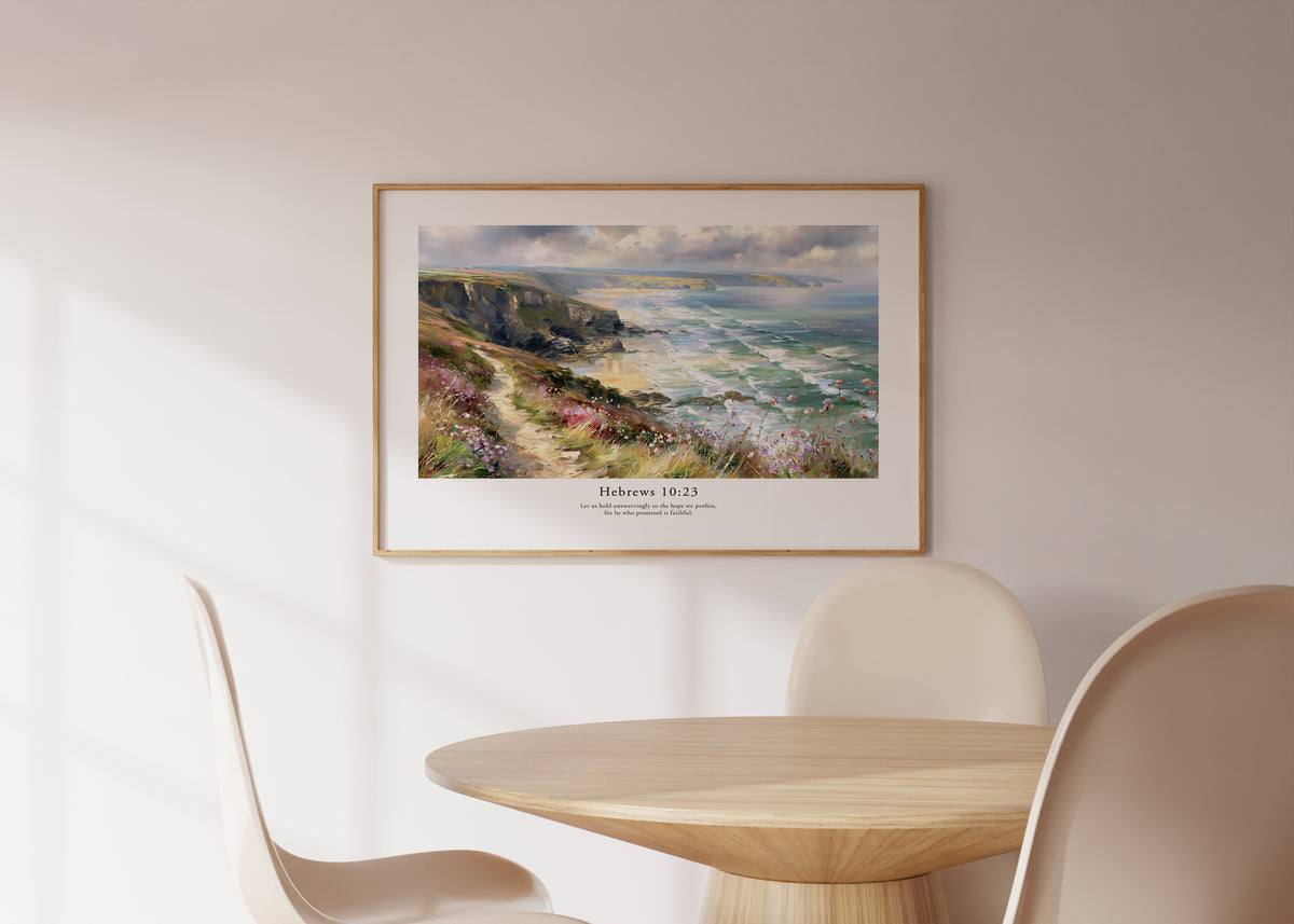 Christian wall art featuring Hebrews 10:23 and a dramatic seaside landscape, styled in a minimalist neutral interior.