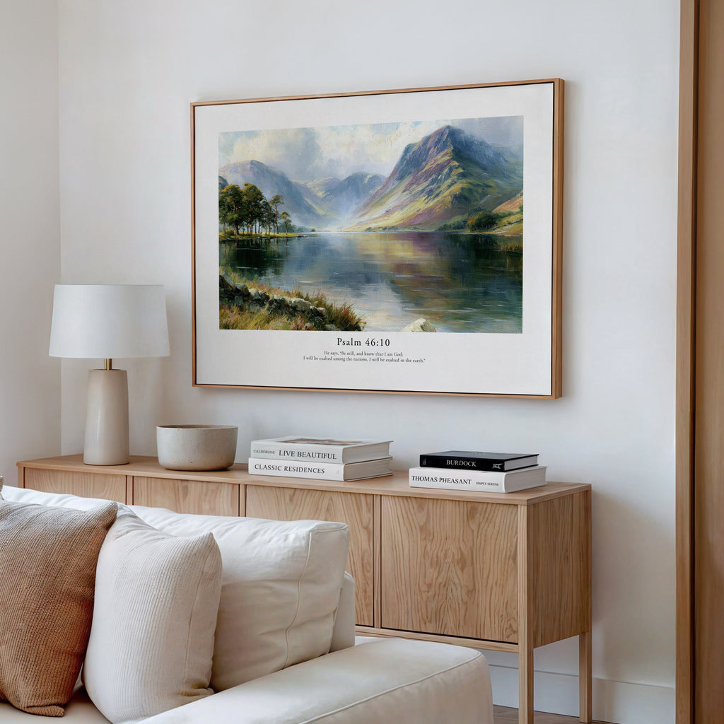 Psalm 46:10 Bible verse wall art featuring mountains reflected in a peaceful lake, styled above a wooden console.