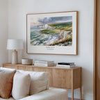 Christian wall art featuring Exodus 14:14 and a dramatic seaside landscape, styled above a wooden console.