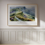 Psalm 121:1–2 Christian wall art featuring a peaceful green mountain landscape, framed on a white panelled wall.