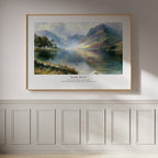 Psalm 46:10 Christian wall art featuring a peaceful mountain lake landscape, framed on a white panelled wall.