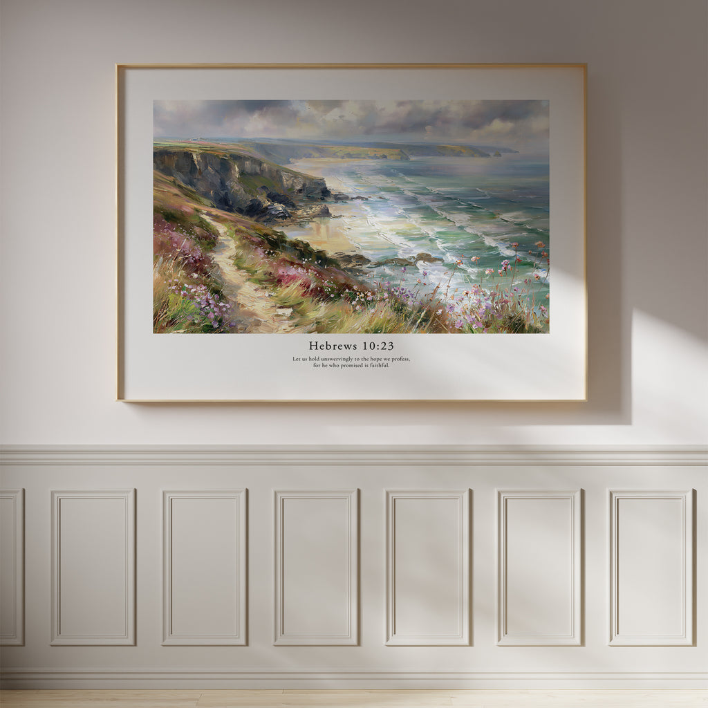 Hebrews 10:23 Christian wall art featuring a dramatic coastal landscape with cliffs and ocean waves, framed on a white panelled wall.
