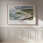 Exodus 14:14 Christian wall art featuring a dramatic coastal landscape with white cliffs, framed on a white panelled wall.