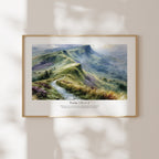 Framed Psalm 121:1–2 Bible verse wall art with a misty mountain scene and soft natural window shadows.