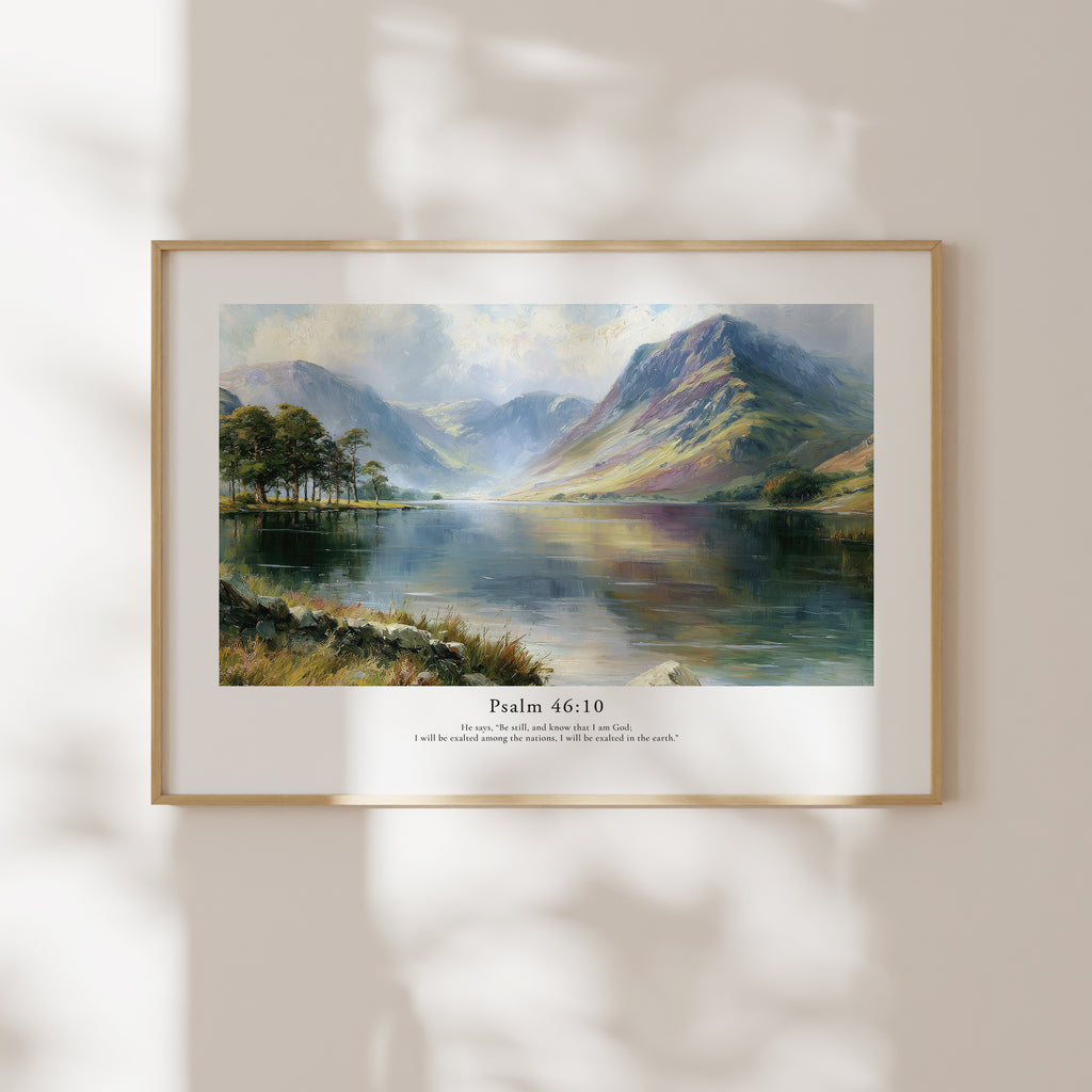 Framed Psalm 46:10 Bible verse wall art with a serene mountain and lake scene in soft natural window light.