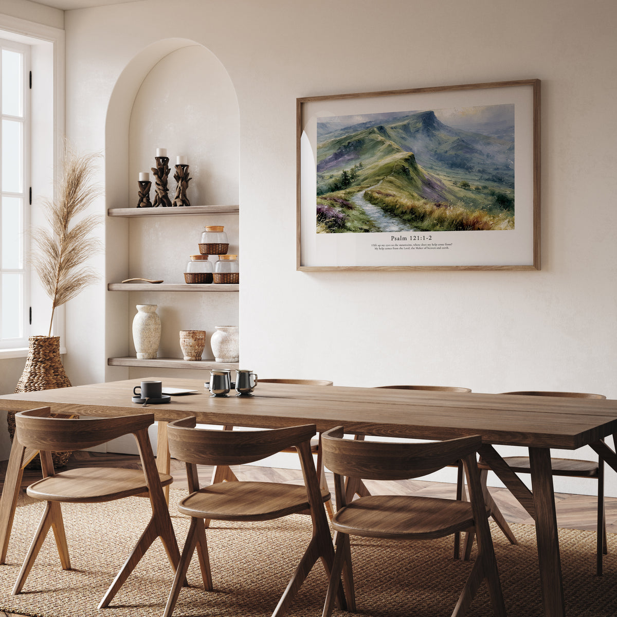 Psalm 121:1–2 Christian art print featuring rolling green hills, displayed in a warm neutral dining room.